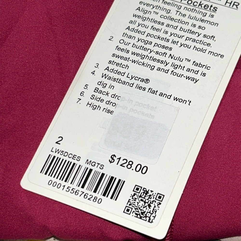 NWT Lululemon Align High-Rise Pant with Pockets 25"
Magenta Smoke size 2 - Picture 11 of 12